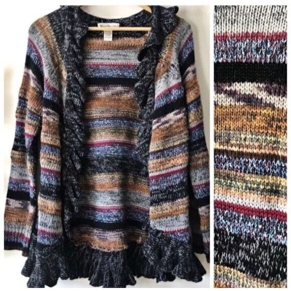 Susan Bristol colorful striped ruffled open front Cardigan sweater Womens M Boho - Picture 1 of 11